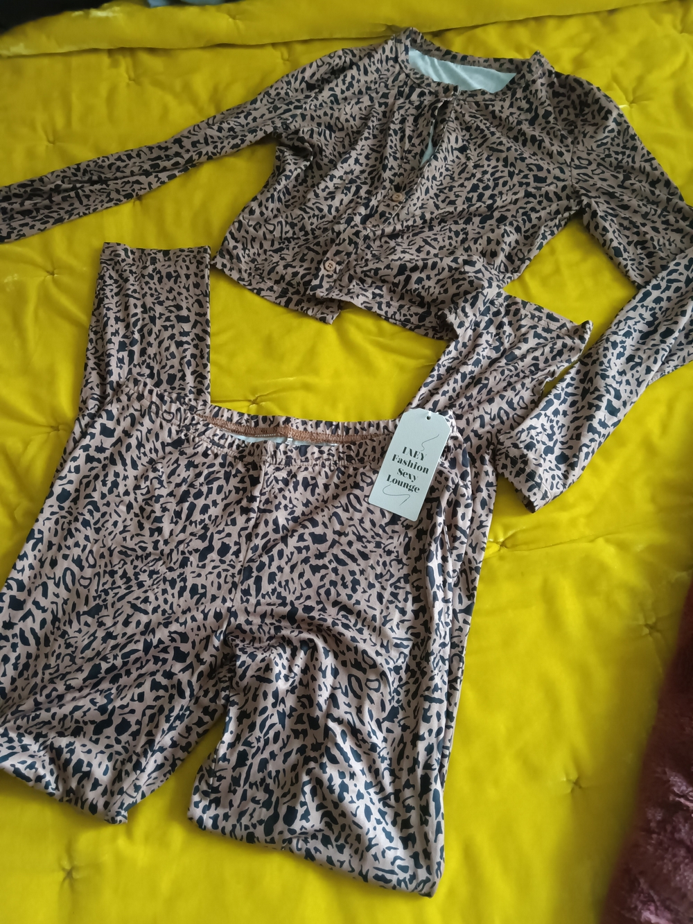 Leopard Print Women’s Top and Pants Set - Beige/Black